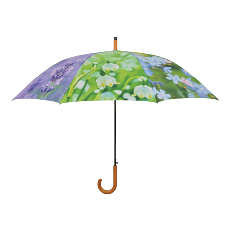 Esschert Design paraplu met acht bloemenprint TP210 voorkant lavendel paardenbloem viooltjes lenteklokjes klaver krokussen made
