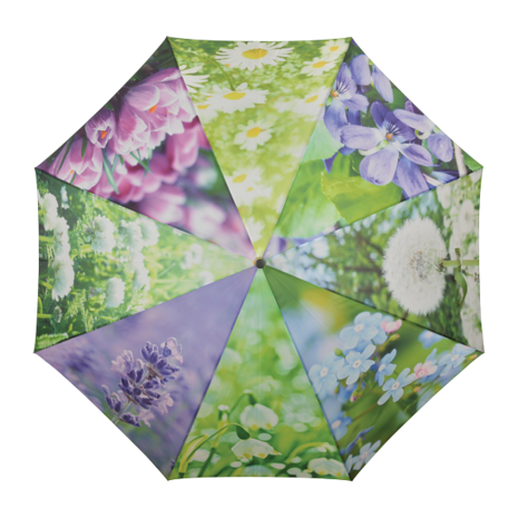Esschert Design paraplu met acht bloemenprint TP210 bovenkant lavendel paardenbloem viooltjes lenteklokjes klaver krokussen mad